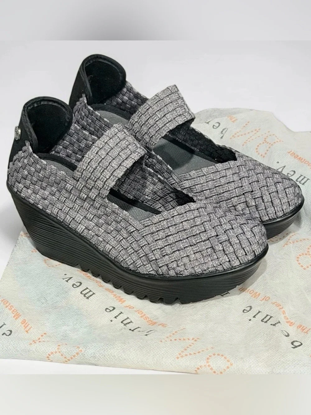 Bernie Mev Lulia Woven Stretch Platform Mary Jane Comfort Wedge Gray and Black